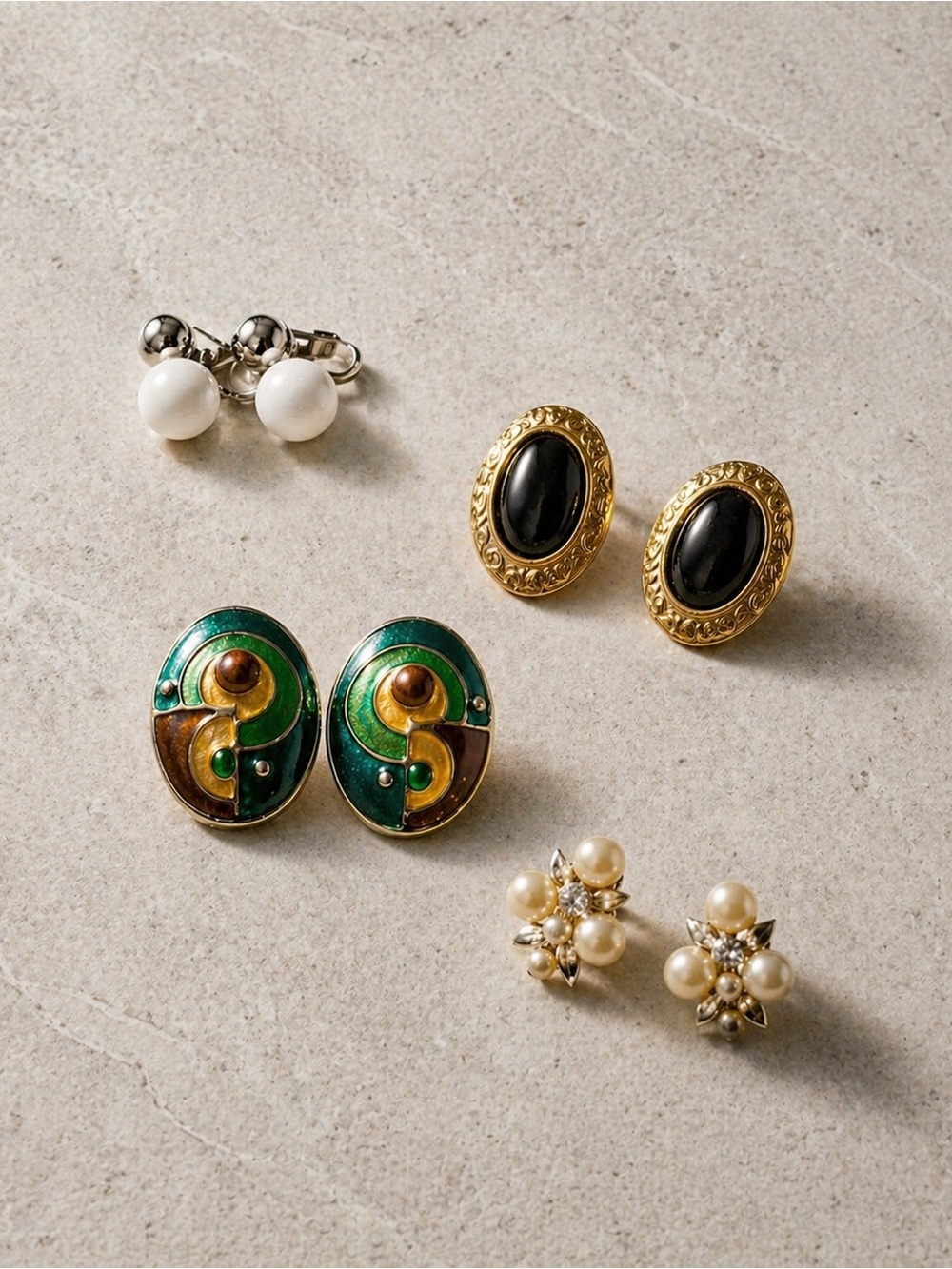 VINTAGE Clip-On Earring Lot 4 Pairs Mod Deco Enamel Faux Pearl Statement
